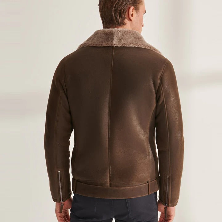 Men's Classic Brown Shearling Sheepskin Biker Aviator Jacket - AMSEL LEATHERS