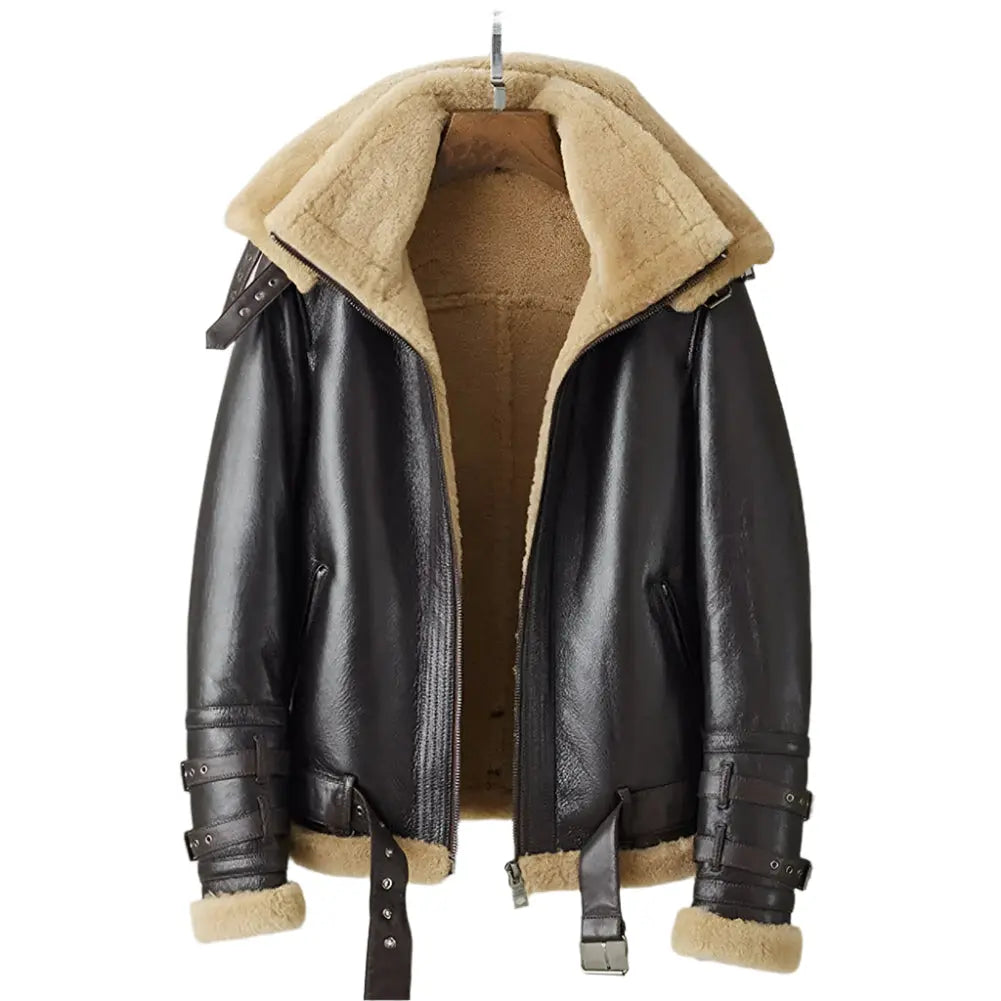 Men's Dark Brown B3 Bomber Shearling Jacket with Double Collar - AMSEL LEATHERS