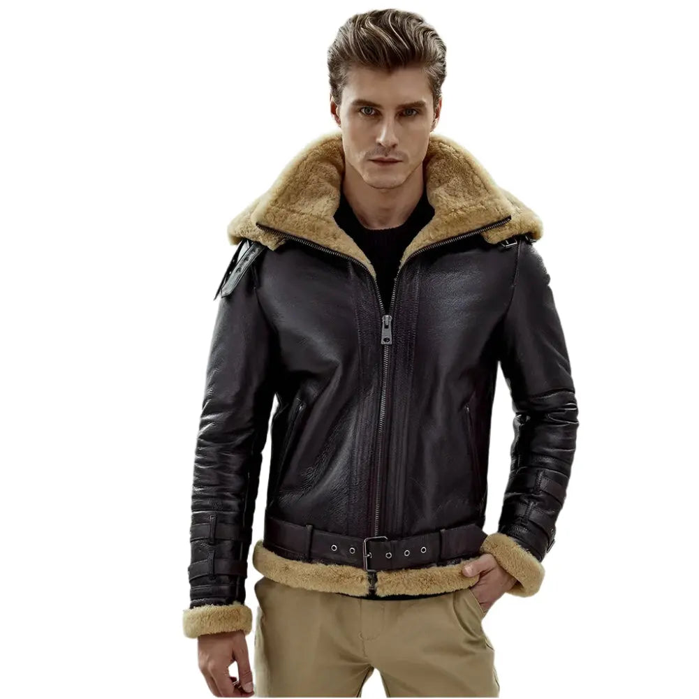 Men's Dark Brown B3 Bomber Shearling Jacket with Double Collar - AMSEL LEATHERS