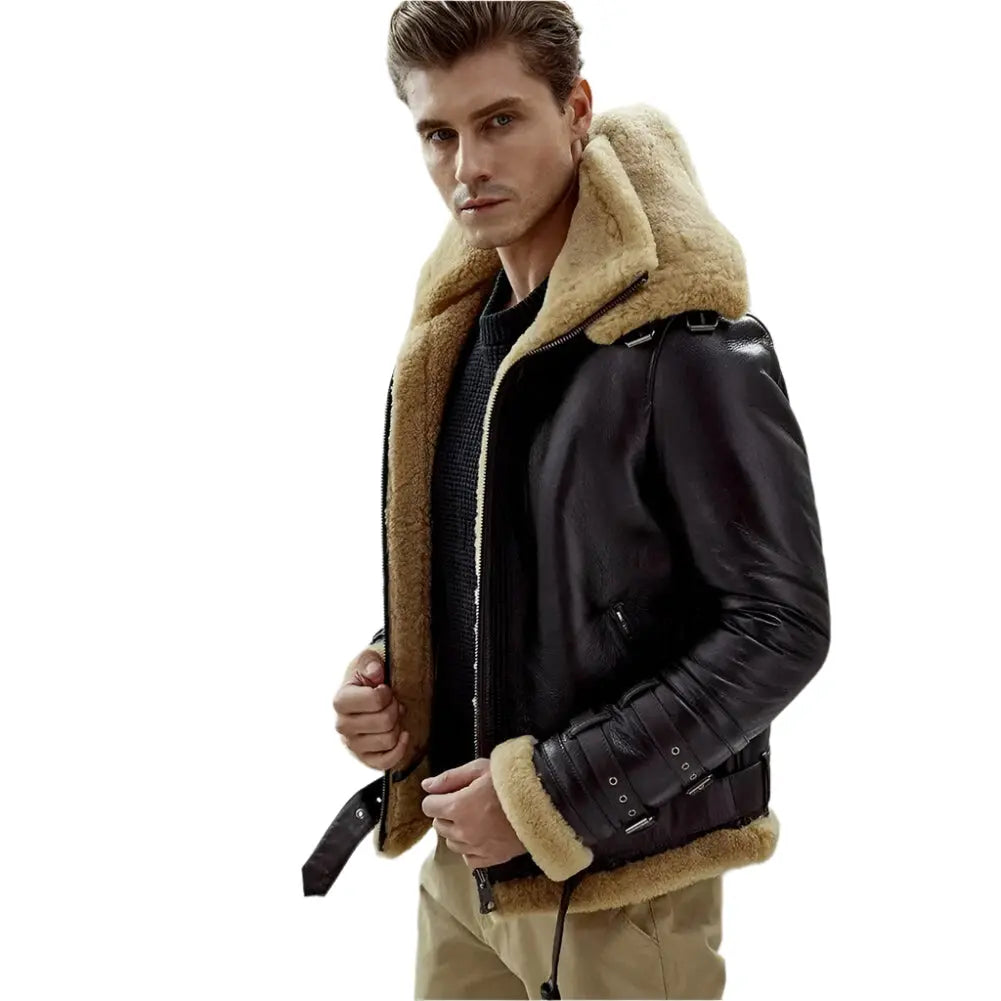 Men's Dark Brown B3 Bomber Shearling Jacket with Double Collar - AMSEL LEATHERS