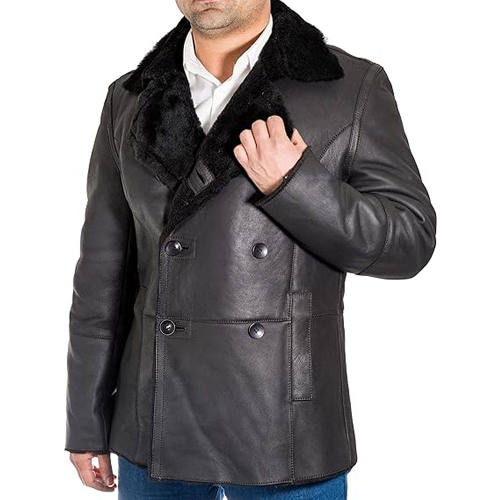 Men's Double Breasted Sheepskin Shearling Trench Pea Coat - AMSEL LEATHERS