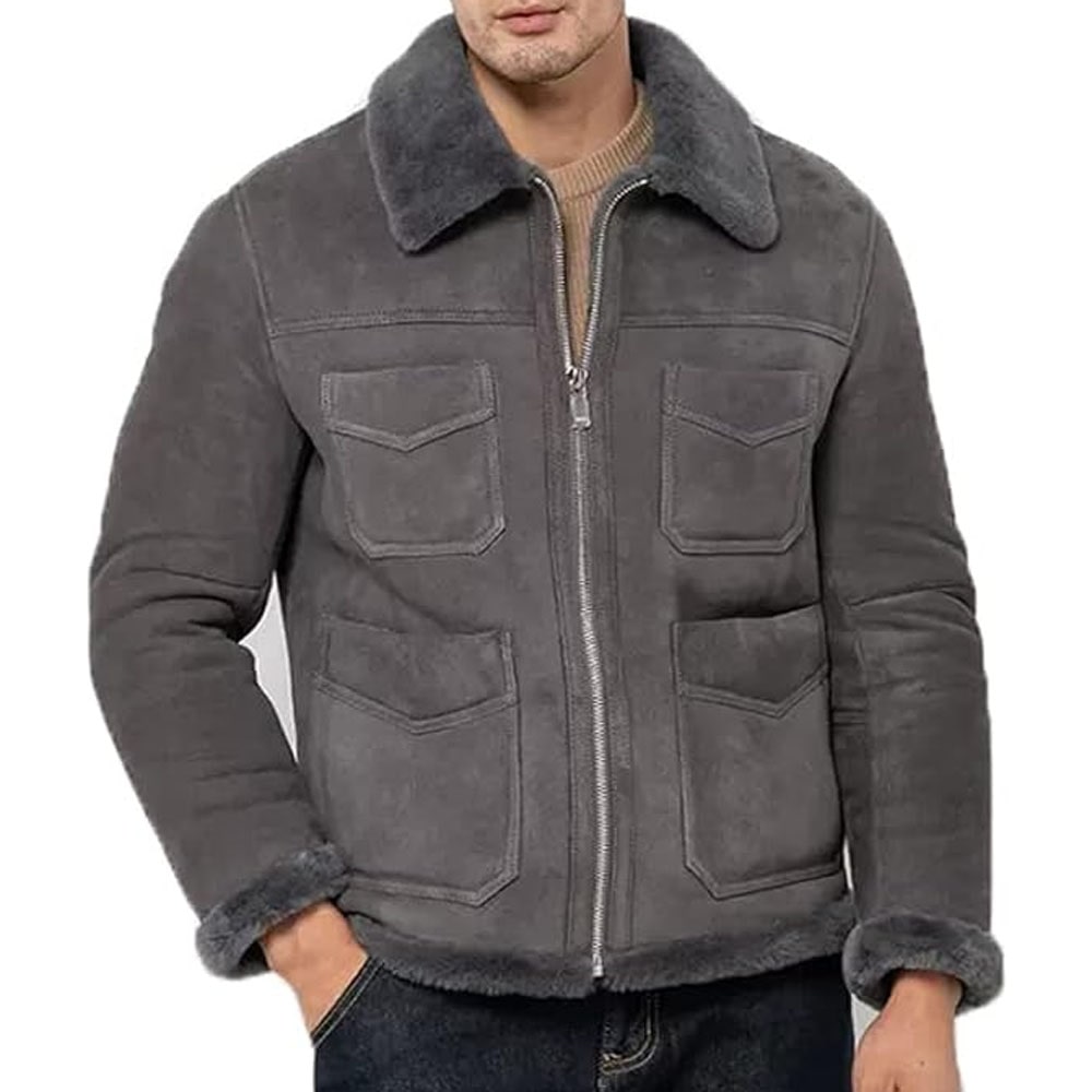 Men's Grey Suede Leather Shearling Jacket - AMSEL LEATHERS