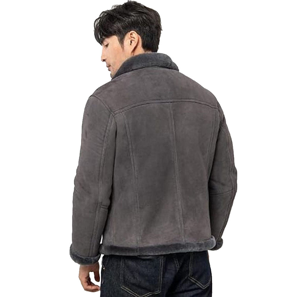 Men's Grey Suede Leather Shearling Jacket - AMSEL LEATHERS