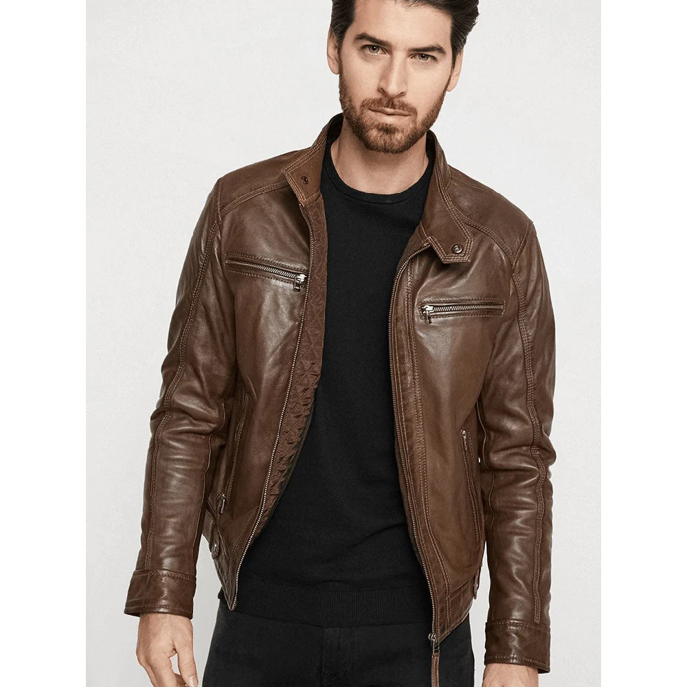 Men's Hooded Brown Leather Jacket - AMSEL LEATHERS