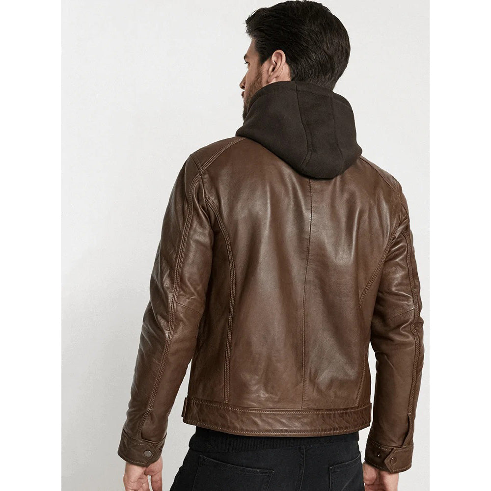 Men's Hooded Brown Leather Jacket - AMSEL LEATHERS