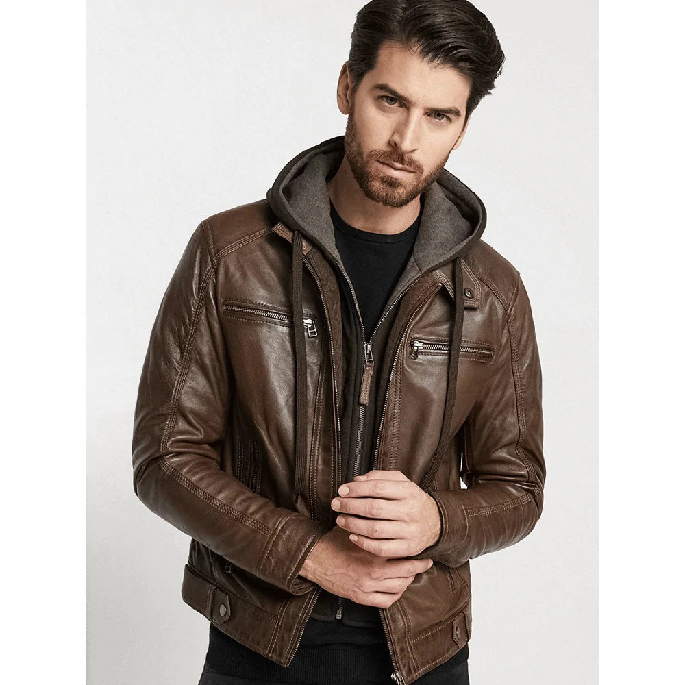 Men's Hooded Brown Leather Jacket - AMSEL LEATHERS