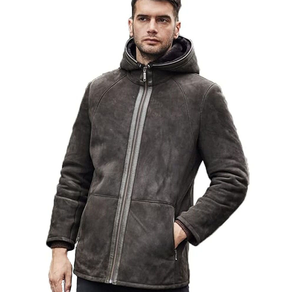 Men's Hooded Suede Mid-Length Sheepskin Coat - AMSEL LEATHERS