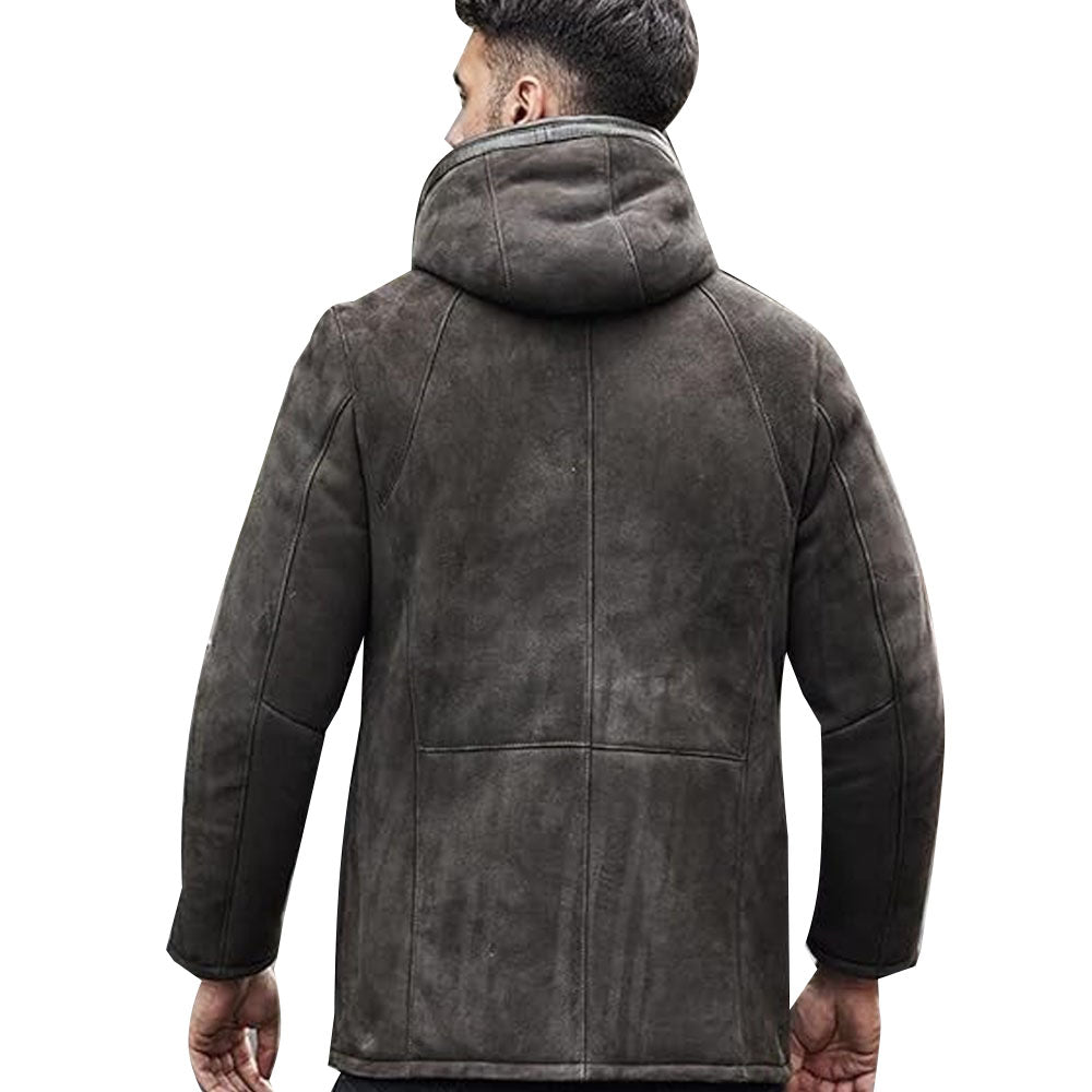 Men's Hooded Suede Mid-Length Sheepskin Coat - AMSEL LEATHERS