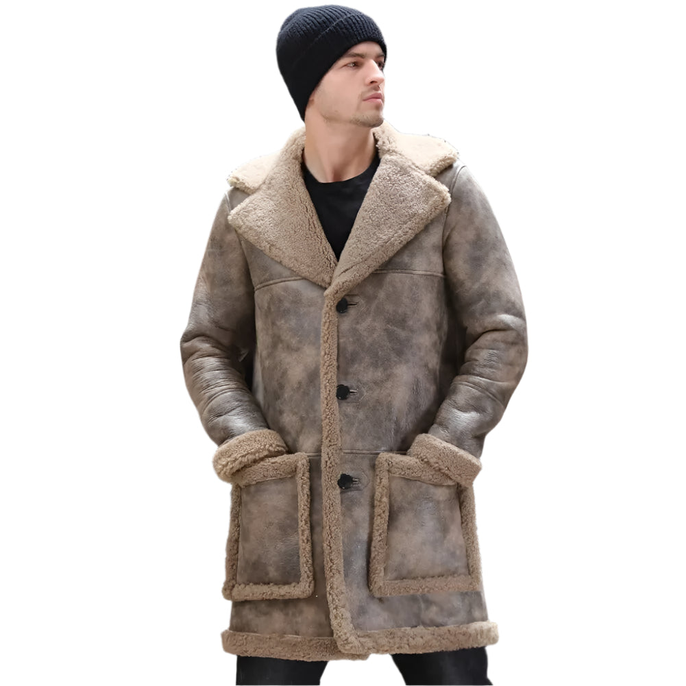 Men's Long Waxed Shearling Sheepskin Fur Coat - AMSEL LEATHERS