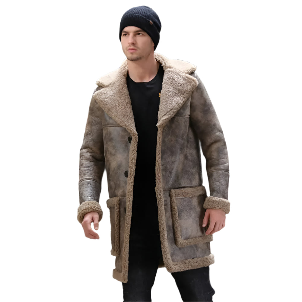 Men's Long Waxed Shearling Sheepskin Fur Coat - AMSEL LEATHERS