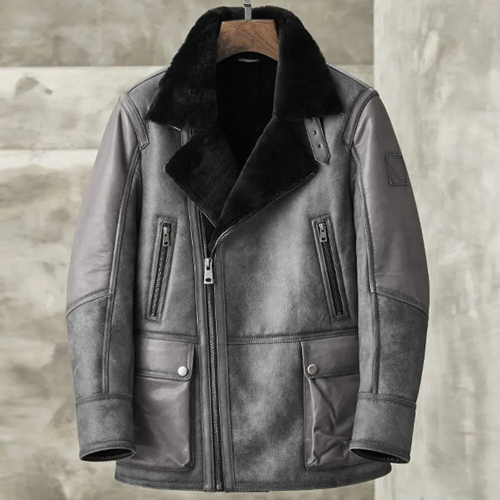 Men's Metallic Gray B3 Shearling Bomber Jacket - Genuine Leather Coat - AMSEL LEATHERS