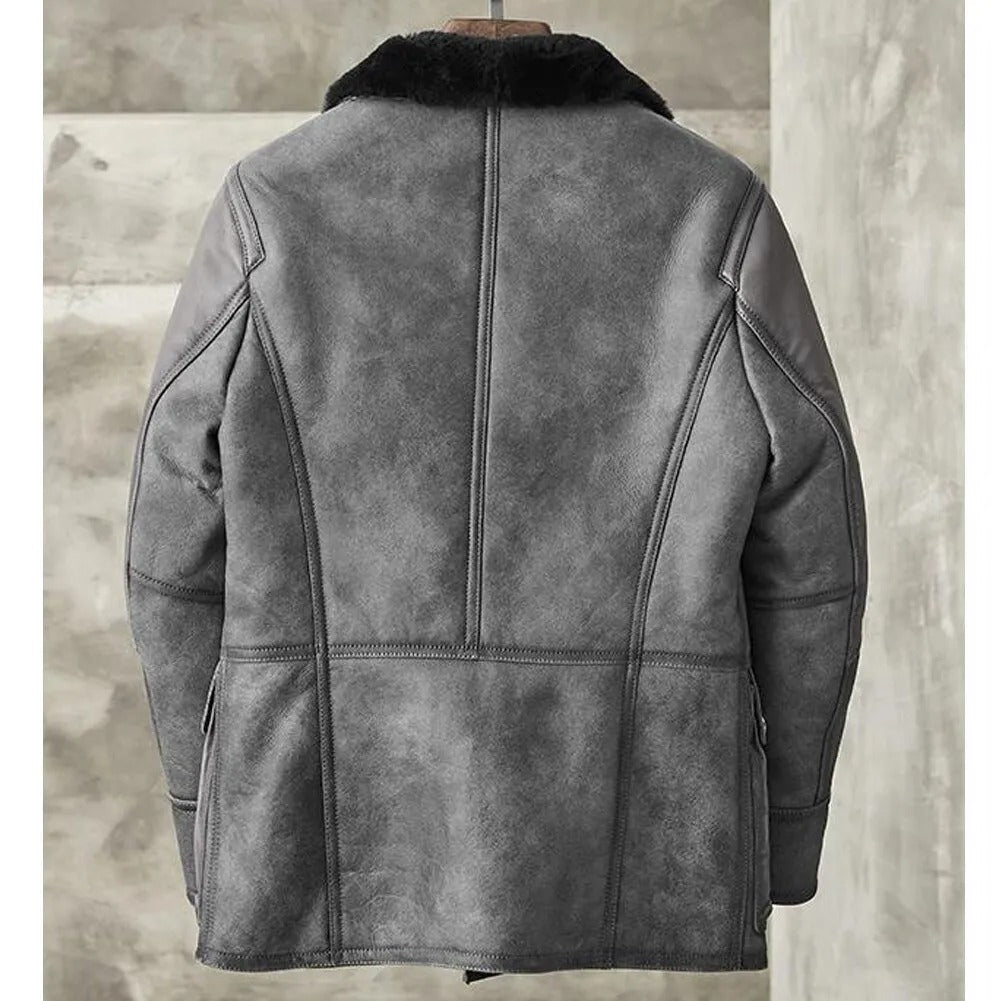 Men's Metallic Gray B3 Shearling Bomber Jacket - Genuine Leather Coat - AMSEL LEATHERS