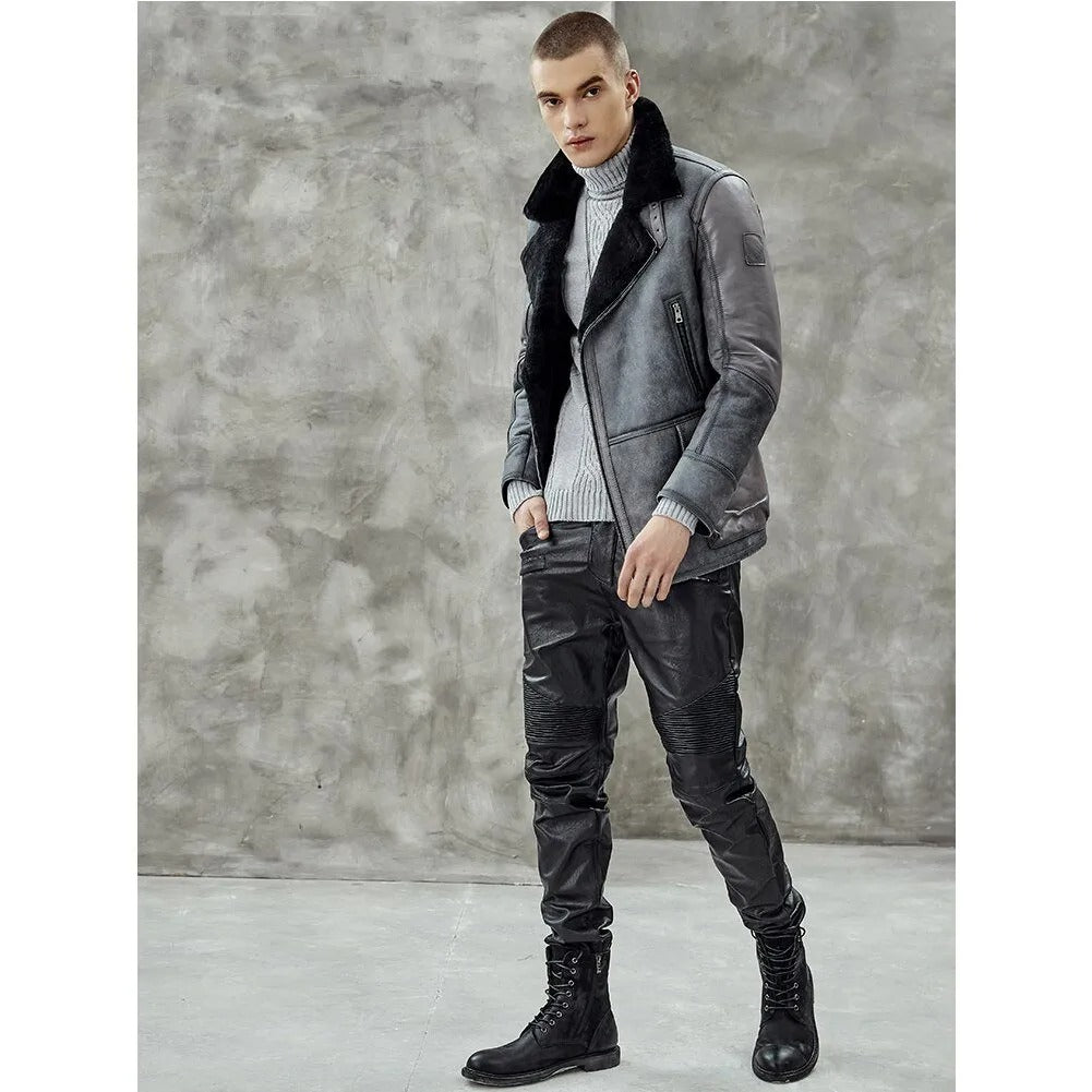 Men's Metallic Gray B3 Shearling Bomber Jacket - Genuine Leather Coat - AMSEL LEATHERS