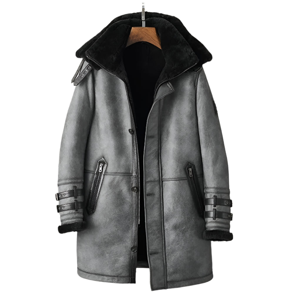 Men's Metallic Gray Shearling B7 Bomber Long Coat - AMSEL LEATHERS