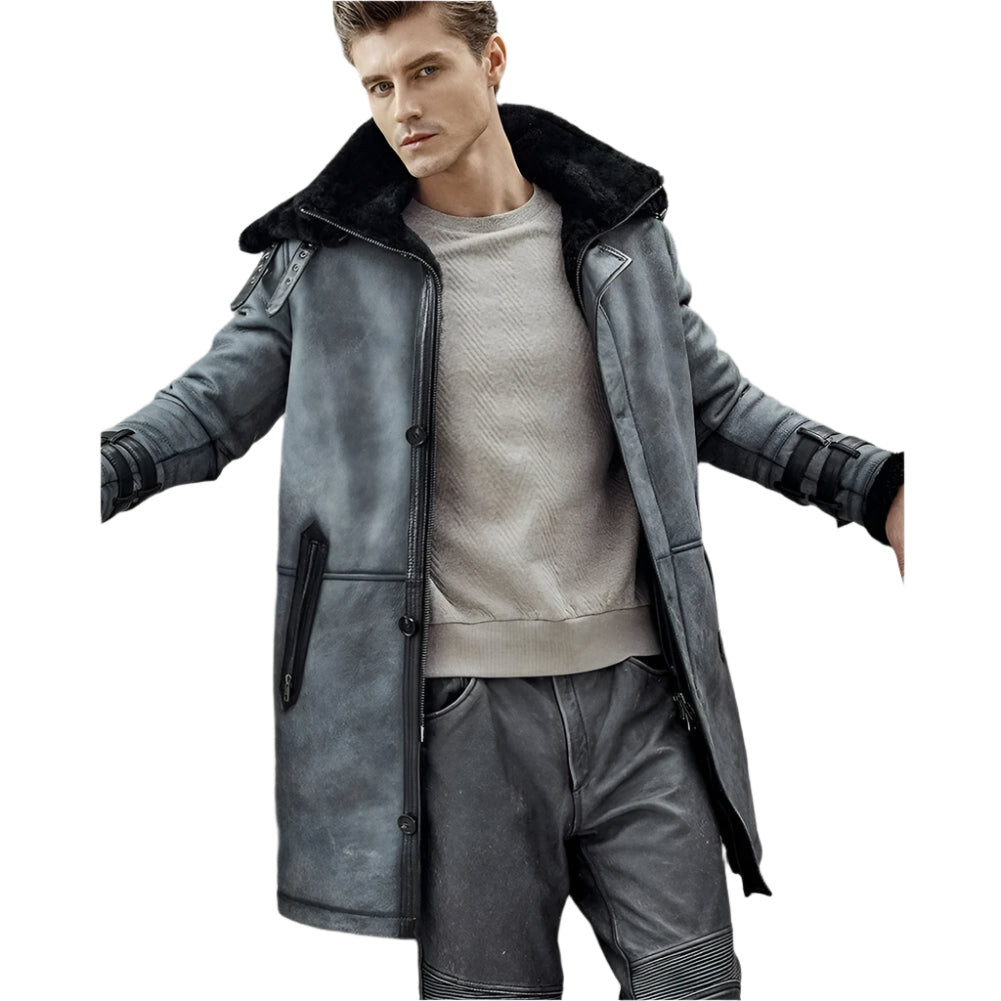 Men's Metallic Gray Shearling B7 Bomber Long Coat - AMSEL LEATHERS