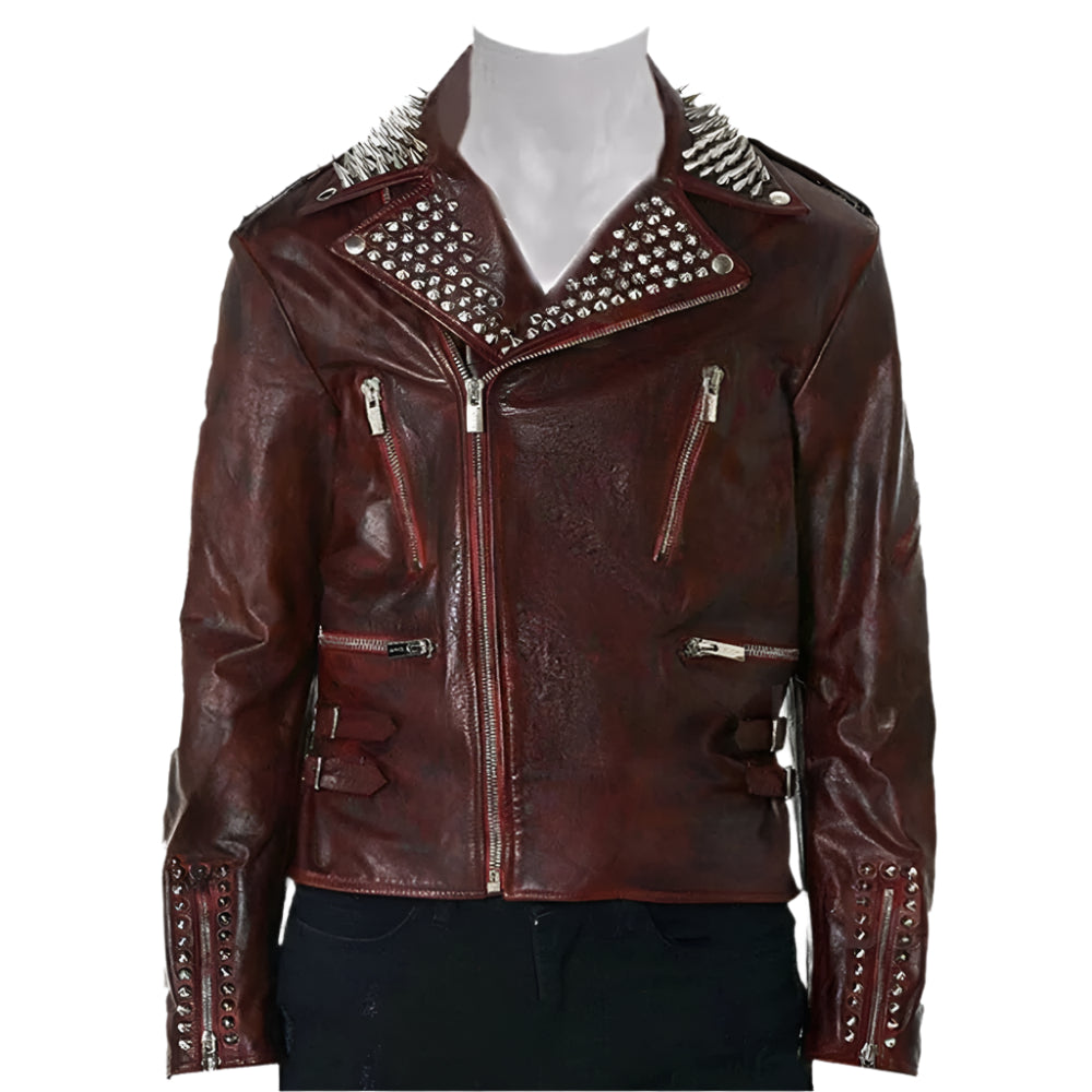 Men's Red Metallic Spiked Leather Jacket - Punk Jacket - AMSEL LEATHERS