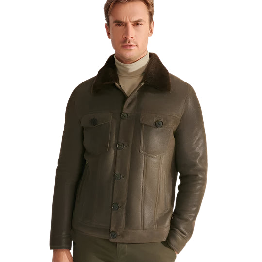 Men's Sheepskin Shearling Leather Trucker Aviator Jacket in Green - AMSEL LEATHERS