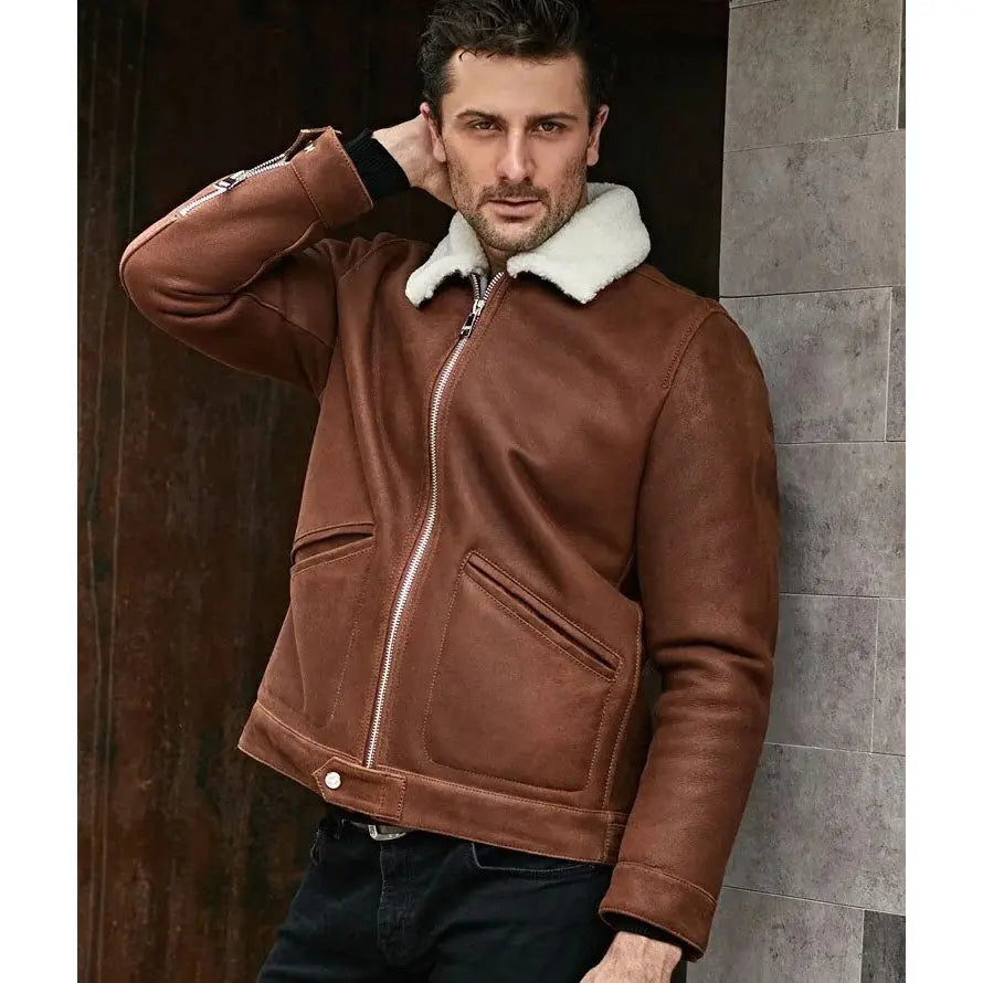 Men's B3 Shearling Jacket - Turn-Down Collar Winter Short Coat Amsel Leathers