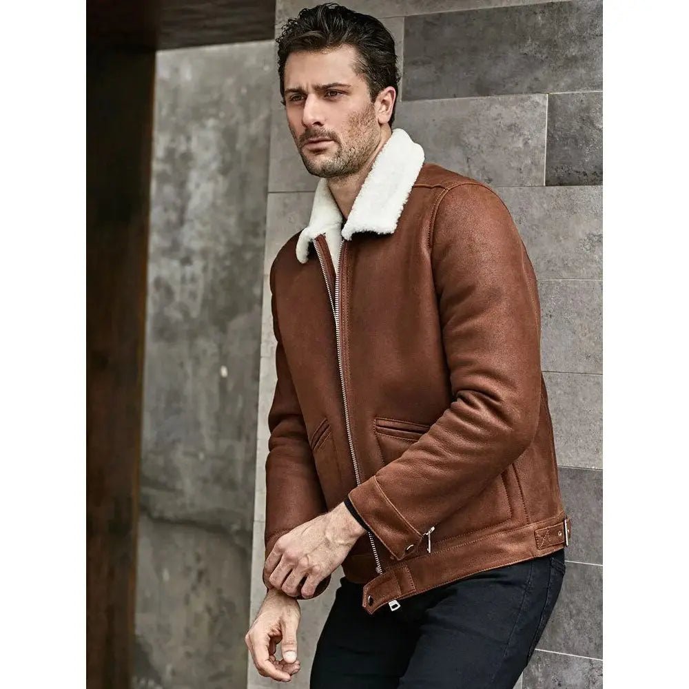 Men's B3 Shearling Jacket - Turn-Down Collar Winter Short Coat Amsel Leathers