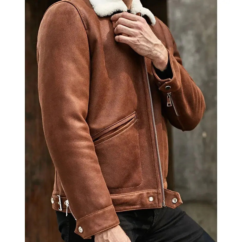 Men's B3 Shearling Jacket - Turn-Down Collar Winter Short Coat Amsel Leathers