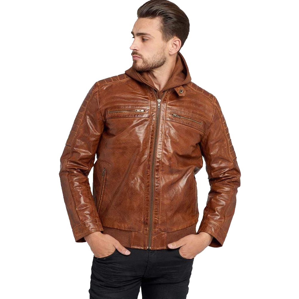 Men's Waxed Brown Hooded Leather Jacket - AMSEL LEATHERS