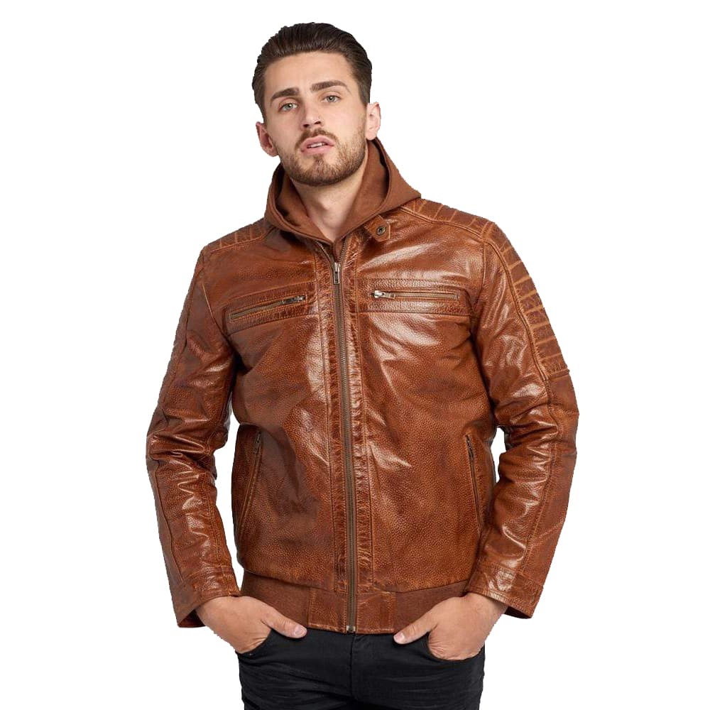 Men's Waxed Brown Hooded Leather Jacket - AMSEL LEATHERS