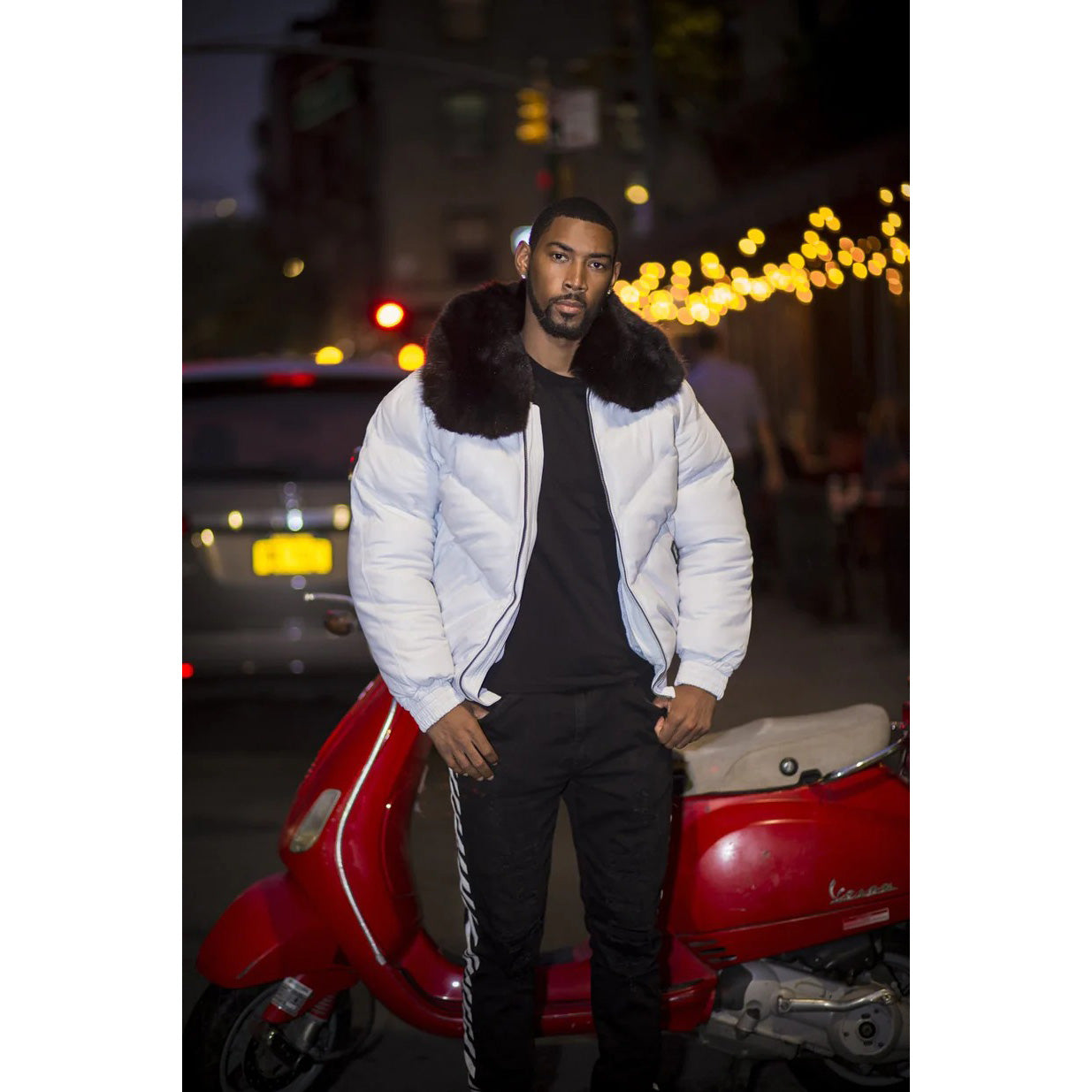 Men White V Bomber Jacket with Black Fur Collar - AMSEL LEATHERS