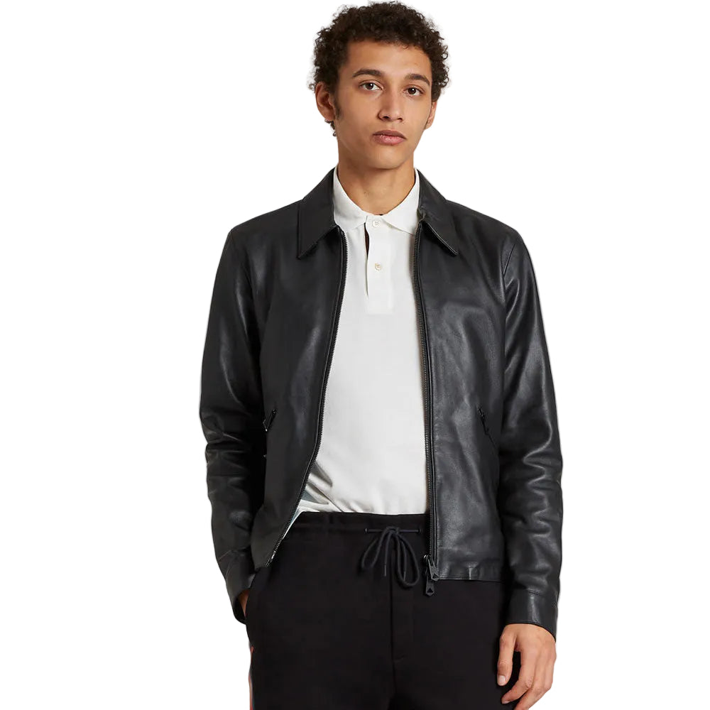 men’s black sheepskin leather jacket side angle