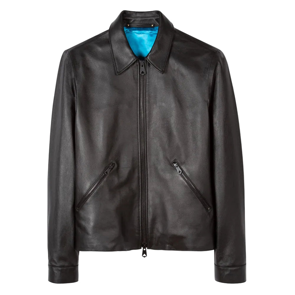men’s black sheepskin leather jacket front view