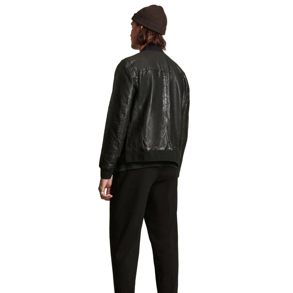 Mens Black Lambskin Leather Bomber Jacket