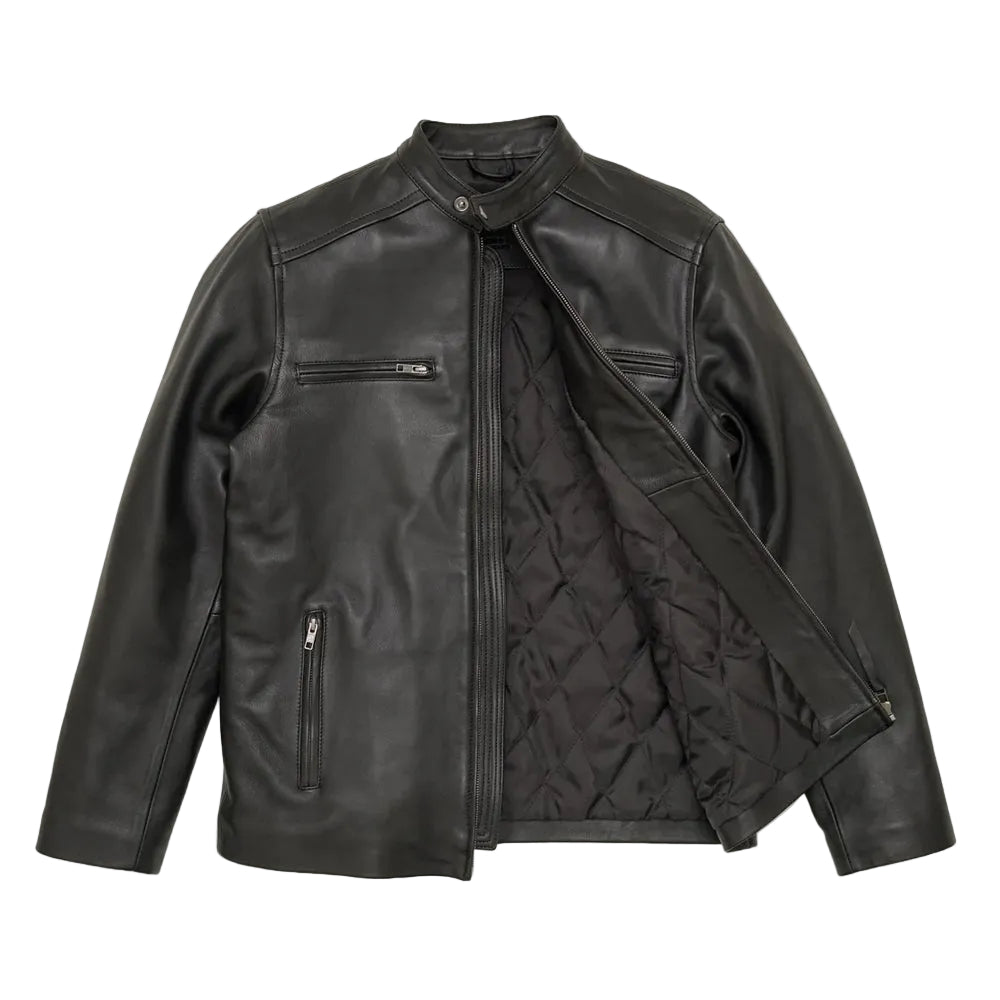 men's black lambskin leather biker jacket leif side angle