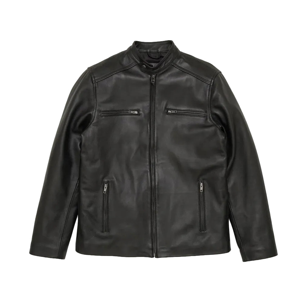 men's black lambskin leather biker jacket leif front view