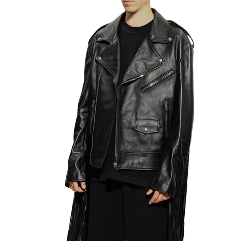 men's black fringe leather biker jacket rowan side angle