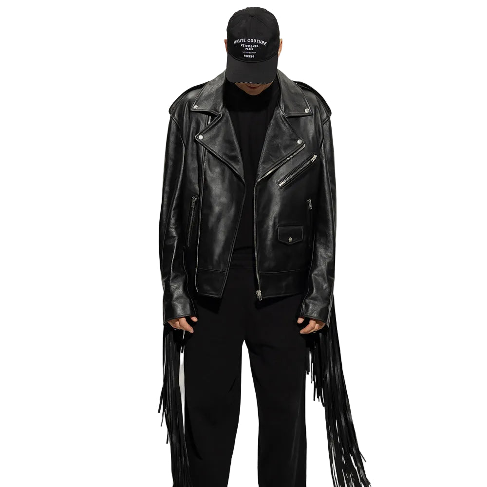 men's black fringe leather biker jacket rowan back view