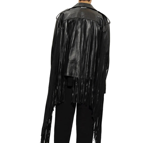 men's black fringe leather biker jacket rowan detail close up