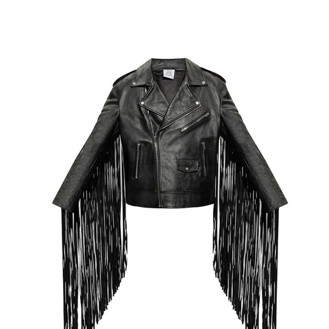 men's black fringe leather biker jacket rowan front view