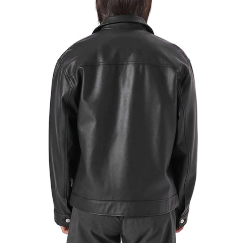 Men’s Black Plain Leather Trucker Jacket