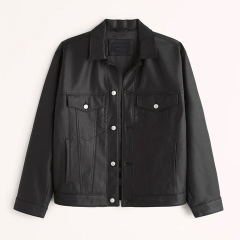 Men’s Black Plain Leather Trucker Jacket