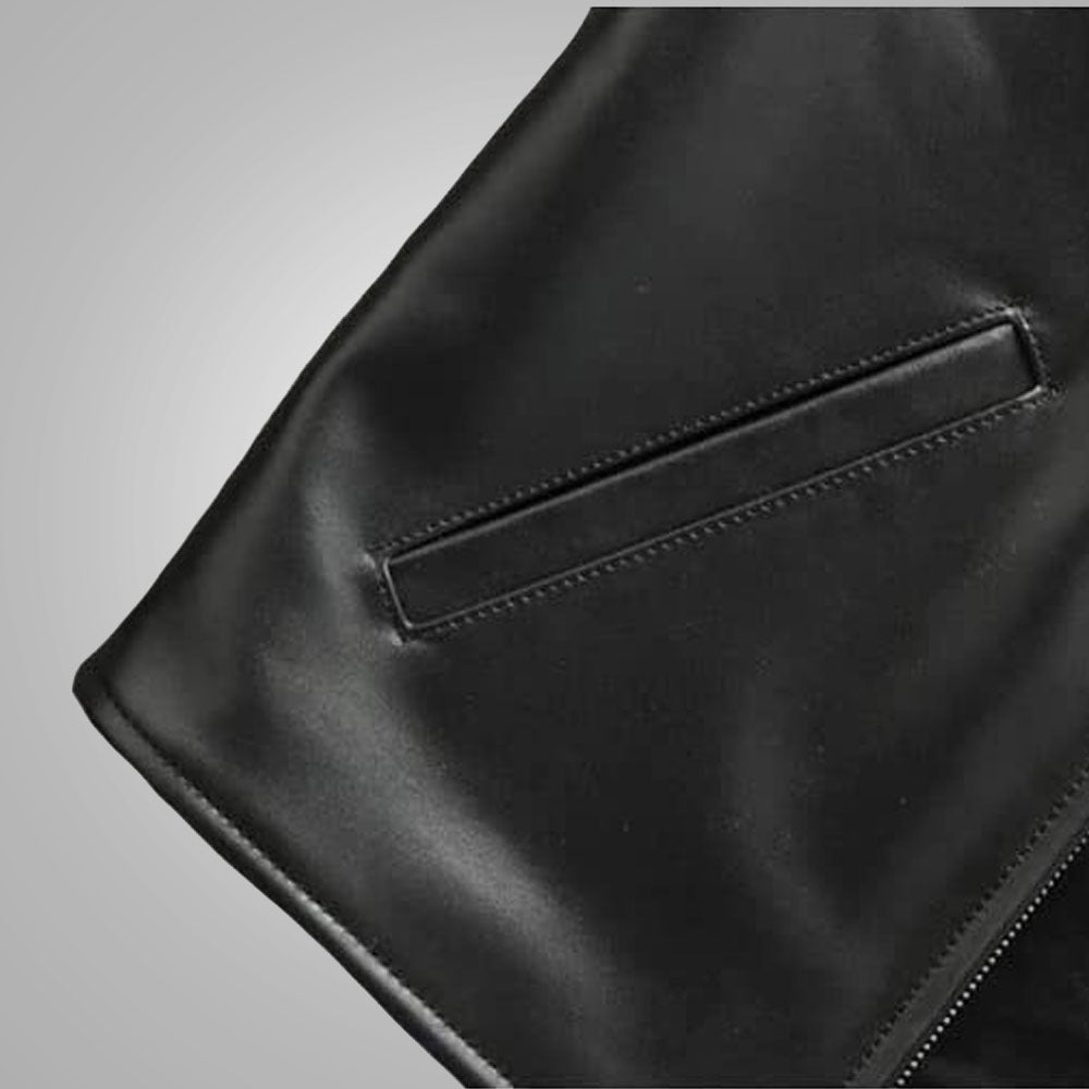 men's black sheepskin leather vest dorian detail close up