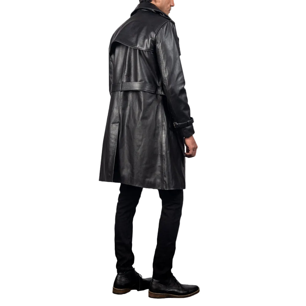 Mens Black Sheepskin Leather Duster Belted Coat