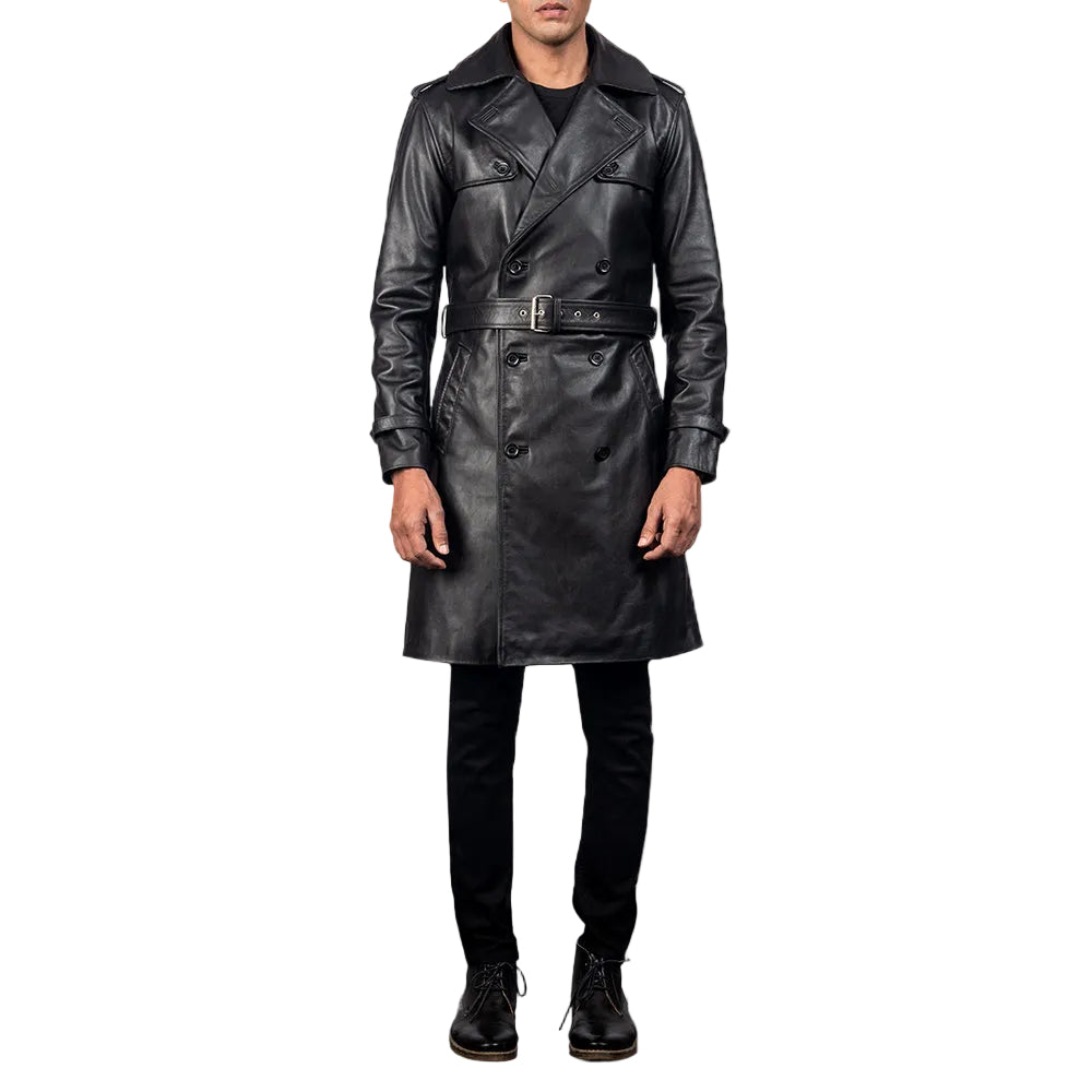 Mens Black Sheepskin Leather Duster Belted Coat
