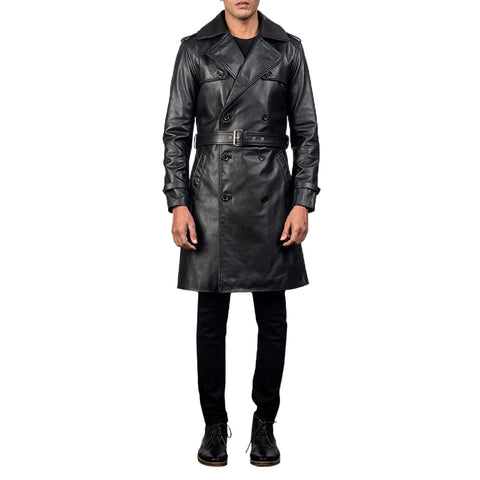 Mens Black Sheepskin Leather Duster Belted Coat