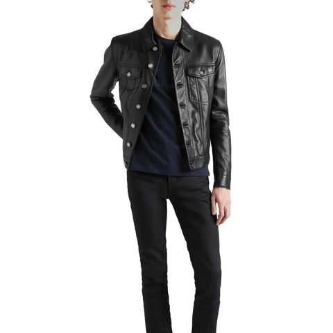 men's black sheepskin leather trucker jacket orion side angle