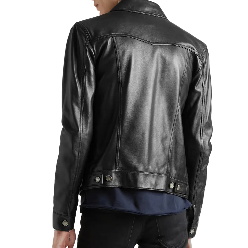 men's black sheepskin leather trucker jacket orion back view
