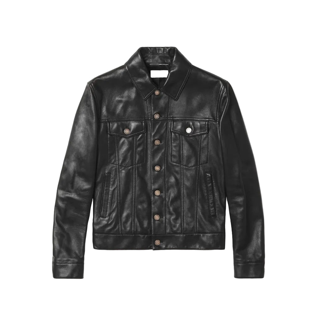 men's black sheepskin leather trucker jacket orion front view