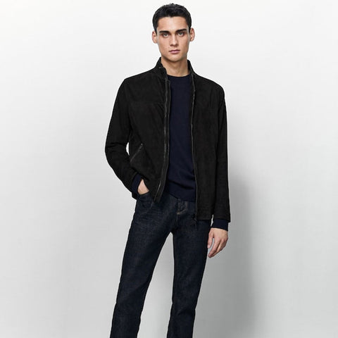 Mens Black Suede Leather Biker Jacket