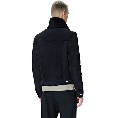men’s black sheepskin leather jacket side angle