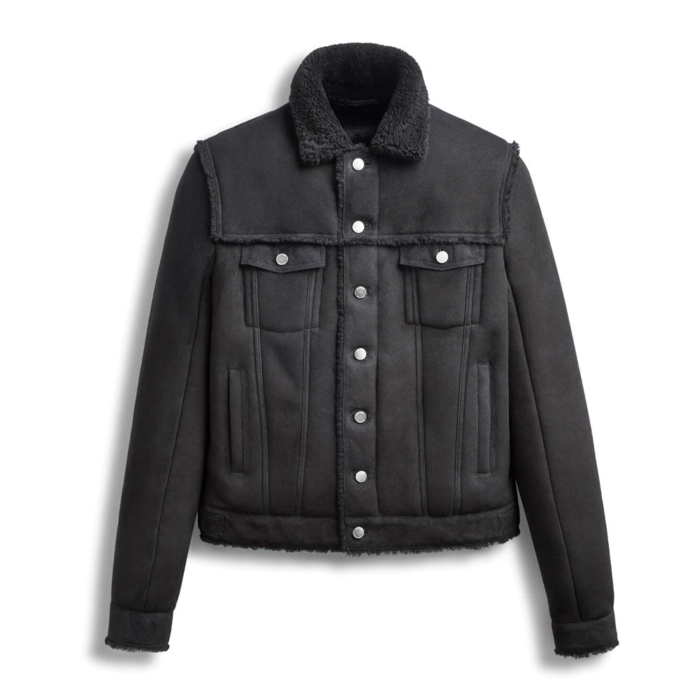 men’s black sheepskin leather jacket front view