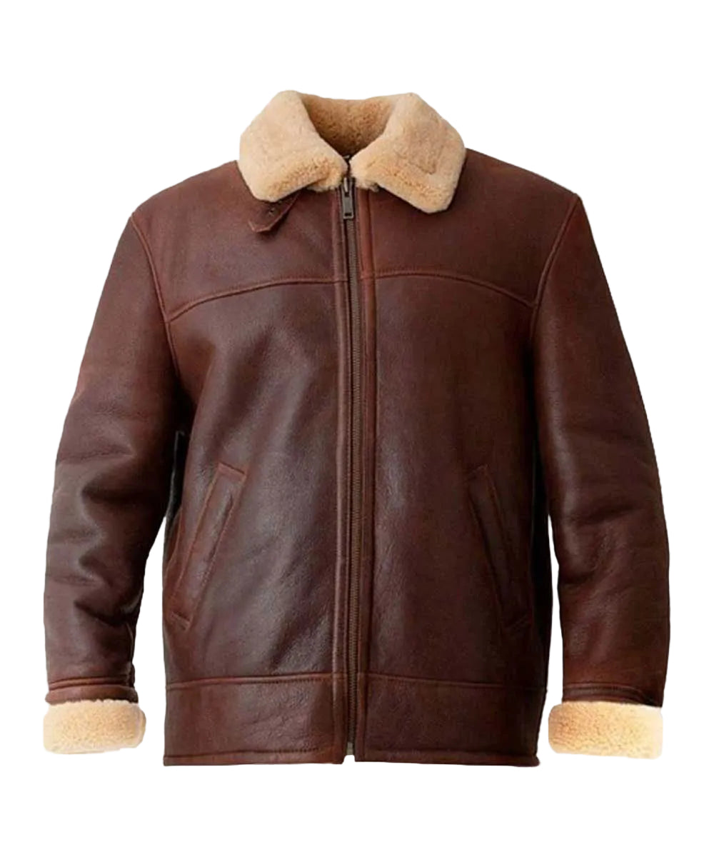 men’s brown sheepskin leather aviator jacket front view