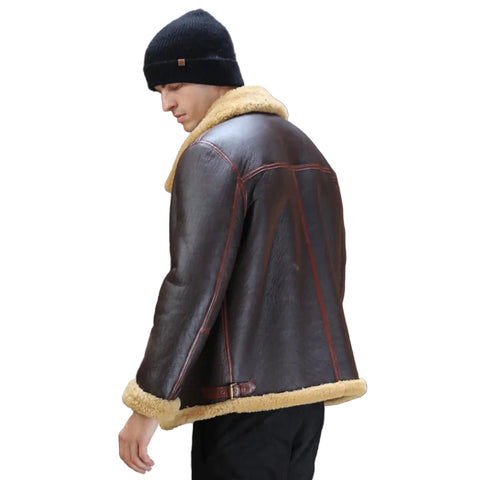 Mens Brown B3 Shearling Leather Bomber Sheepskin Jacket Coat